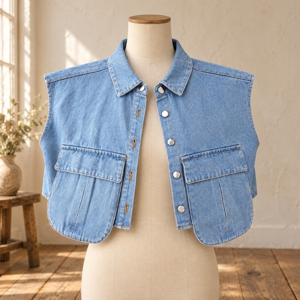 Light Wash Cropped Denim Vest Sleeveless Bolero Jacket Silver Snaps Blue Medium
